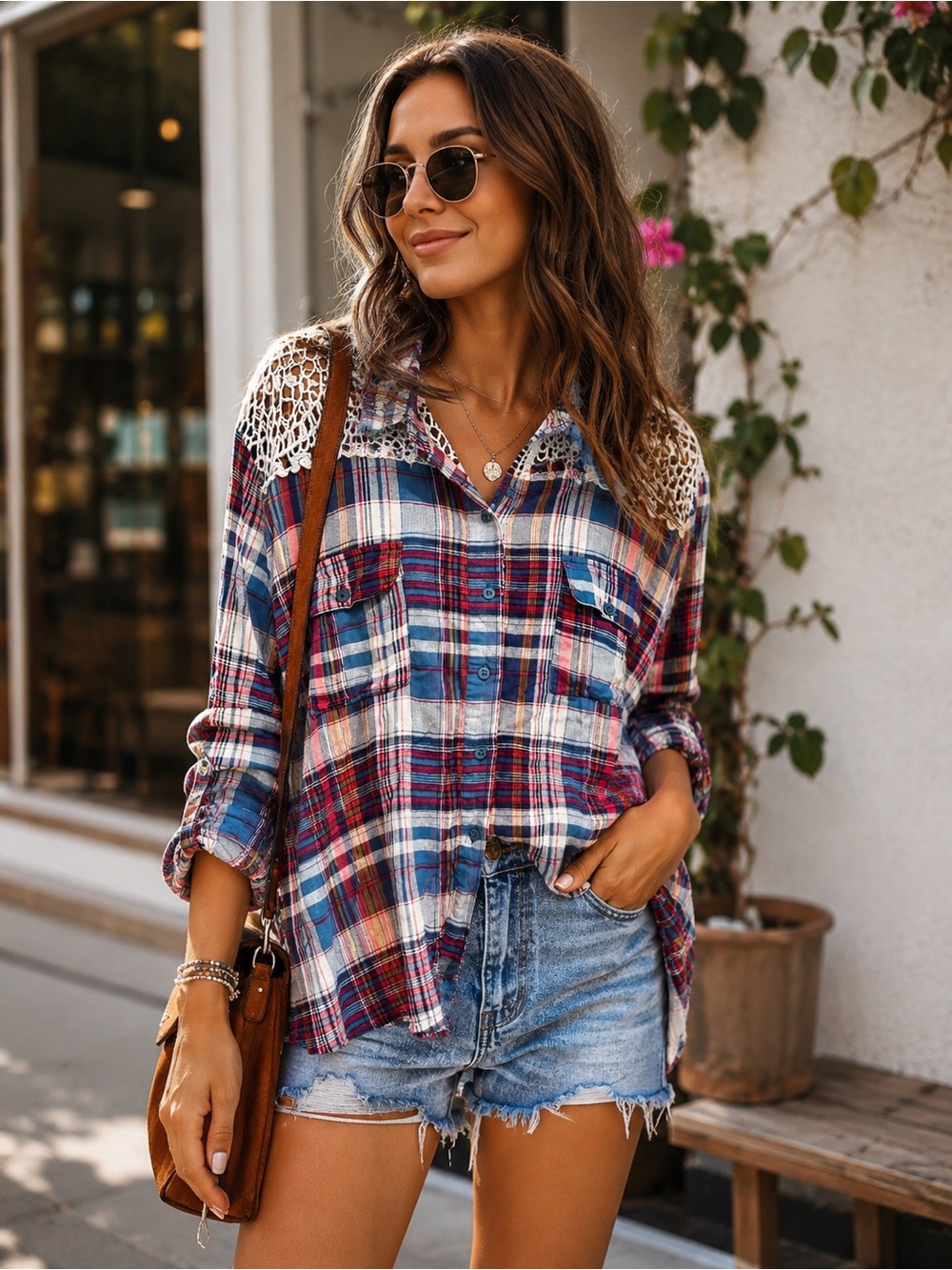 97C. Women's Plaid Button-Up Shirt with Crochet Yoke - Multi Blue/Pink